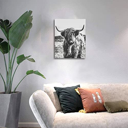 Highland Cow Wall Art with Framed Western Canvas Room Decor Black and White Living Room Bathroom Modern Painting Wall Decor Pictures for Bedroom Kitchen Cow Gifts 16x12inch