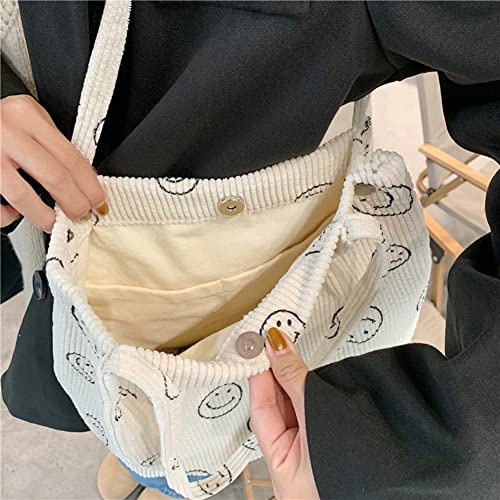 Cessfle Preppy Smiley Face Tote Bag, Corduroy Tote Bag Aesthetic Smiley Cute Tote Bags Handbag Shoulder Bags Teen Girls Trendy Stuff