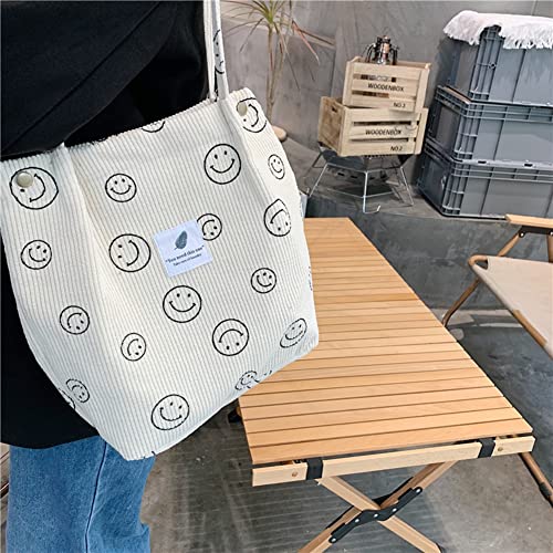 Cessfle Preppy Smiley Face Tote Bag, Corduroy Tote Bag Aesthetic Smiley Cute Tote Bags Handbag Shoulder Bags Teen Girls Trendy Stuff