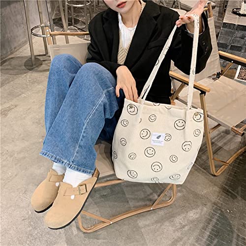 Cessfle Preppy Smiley Face Tote Bag, Corduroy Tote Bag Aesthetic Smiley Cute Tote Bags Handbag Shoulder Bags Teen Girls Trendy Stuff