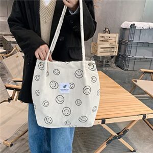 Cessfle Preppy Smiley Face Tote Bag, Corduroy Tote Bag Aesthetic Smiley Cute Tote Bags Handbag Shoulder Bags Teen Girls Trendy Stuff