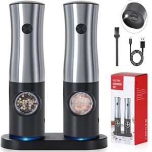 aicluze electric salt and pepper grinder set of 2 -usb rechargeable stainless automatic grinder with charging base, adjustable coarseness electric pepper mill with light, bottom cap, one-hand operated