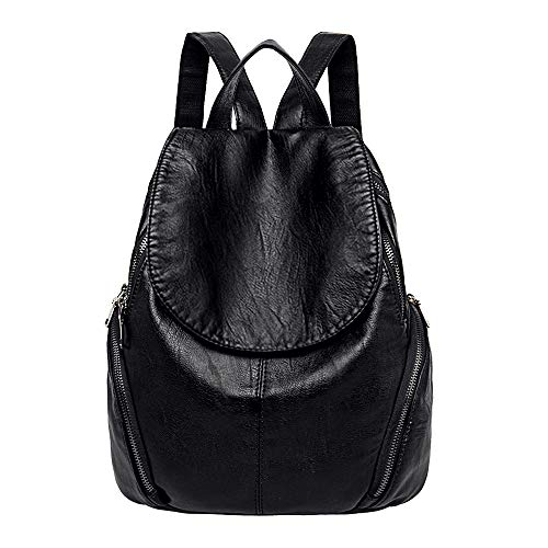 UTO Women Backpack Purse PU Washed Leather Large Capacity Ladies Rucksack Shoulder Bag Black