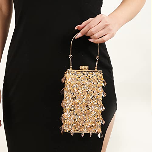 Szcaecie Women's Glitter Evening Bag, Crystal Sequin Beaded Banquet Handbag, Wedding Party Clutch (Gold,One size)