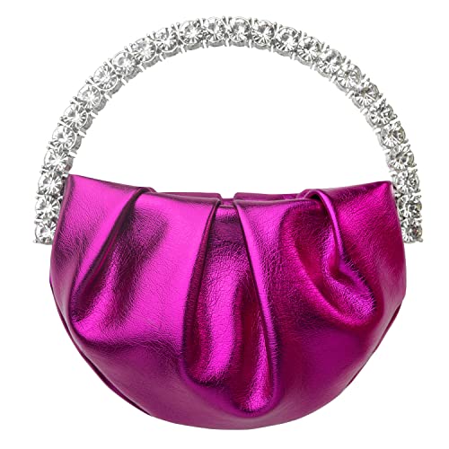 HEYCUE Mini Glitter Diamond Handle Handbag Circular Evening Crossbody bag Sparkly Bride Wedding Party Prom Purses For Women(rose pink)