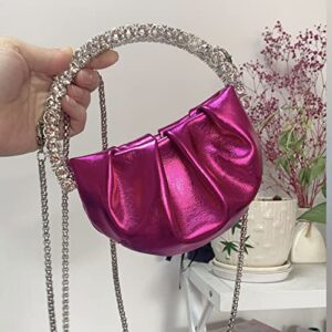 HEYCUE Mini Glitter Diamond Handle Handbag Circular Evening Crossbody bag Sparkly Bride Wedding Party Prom Purses For Women(rose pink)