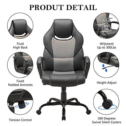 Rocking Office Chair Ergonomic with Arm Computer Desk Chair Swivel Adjustable Hight Home Office Desk Chair of Metal Leather Mesh Computer Chair Grey