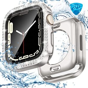 [2 in 1] goton for waterproof apple watch screen protector 44mm series 6/5 / 4 / se case, bling apple watch cover with tempered glass screen protector, front & back bumper for iwatch 6 5 4 se 44mm