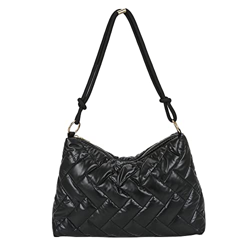 AZURAOKEY Puffer Tote Bag for Women, Quilted Cotton Padded Designer Handbag, Women Nylon Shoulder Bag Design Space Padded Messenger Bag Solid Color Handbag-Black