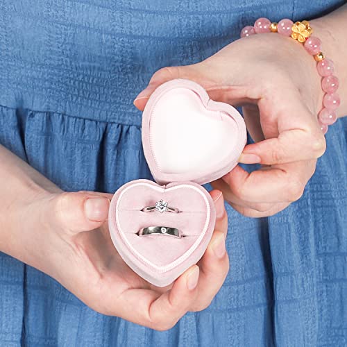 WantGor Velvet Ring Box, Double Jewelry Ring Gift Box Vintage Ring Display Holder Engagement Wedding Box with Detachable Lid (Pink)