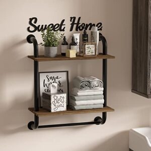 Bathroom Shelves Wall Mounted, Industrial Pipe Shelving 2-Tier, Rustic Farmhouse Shelves for Wall Decor, Floating Bathroom Shelf Over Toilet with Towel Bar for Kitchen, Bedroom, Living Room 17.3 inch