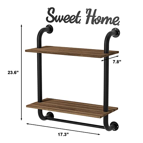 Bathroom Shelves Wall Mounted, Industrial Pipe Shelving 2-Tier, Rustic Farmhouse Shelves for Wall Decor, Floating Bathroom Shelf Over Toilet with Towel Bar for Kitchen, Bedroom, Living Room 17.3 inch