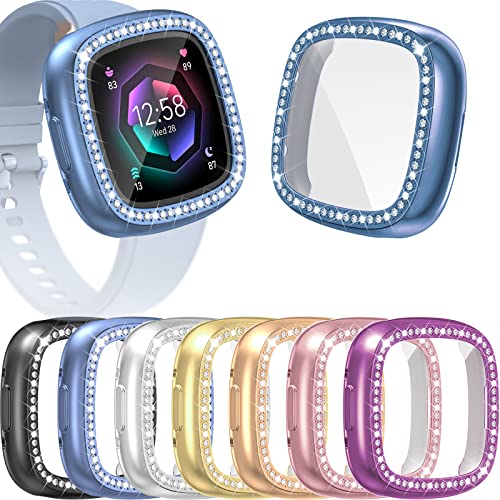 Bling Cases Compatible with Fitbit Versa 4/Sense 2 Screen Protector Case, Bling Diamonds + Soft TPU Watch Cover Built-in HD Screen Film Protective Bumper Case for Versa4 Sense2 Accessories (7 Colors)