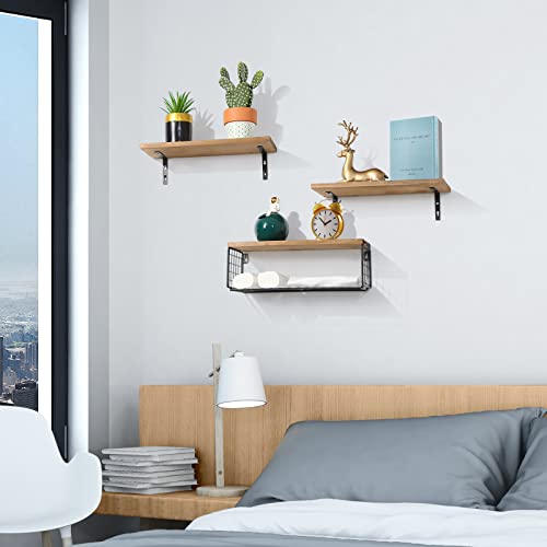 WAKOSAN Floating Shelf,Floating Shelves Wall Mounted Set of 3,Solid Wood Floating Shelves,Rustic Wood Wall Shelves for Kitchen Living Room,Bedroom Shelves,Bathroom Shelf (Natural Brown)