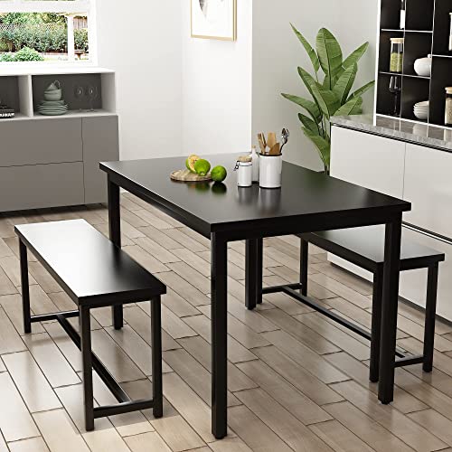 AWQM Dining Table Set for 4, Kitchen Table Set with 2 Benches, 47.2Inch 3-Piece Dining Room Table Set with Metal Frame and MDF Board, Sturdy Structure, Space-Saving, Black