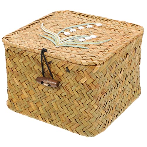 Zerodeko Seagrass Woven Storage Bin with Lid, Wicker Storage Basket Flat Rattan Storage Bin Handwoven Sundries Storage Box Square Lidded Box Closet Wardrobe Organizer