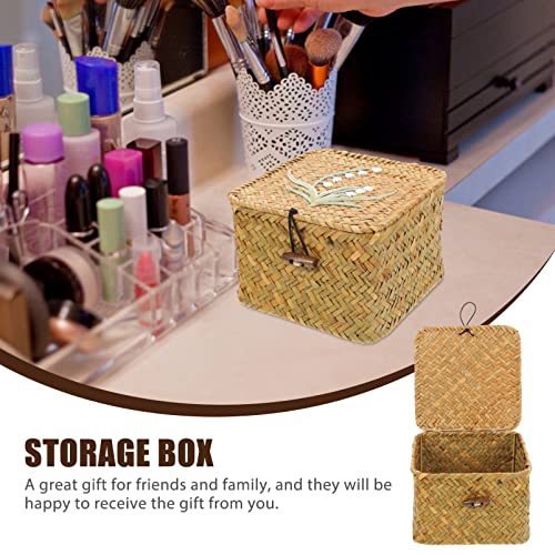 Zerodeko Seagrass Woven Storage Bin with Lid, Wicker Storage Basket Flat Rattan Storage Bin Handwoven Sundries Storage Box Square Lidded Box Closet Wardrobe Organizer