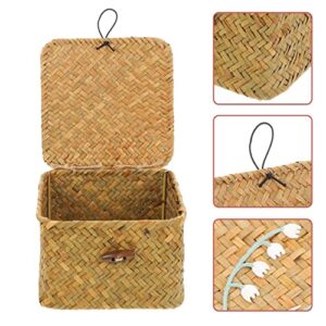 Zerodeko Seagrass Woven Storage Bin with Lid, Wicker Storage Basket Flat Rattan Storage Bin Handwoven Sundries Storage Box Square Lidded Box Closet Wardrobe Organizer