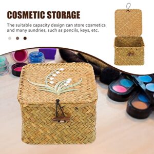 Zerodeko Seagrass Woven Storage Bin with Lid, Wicker Storage Basket Flat Rattan Storage Bin Handwoven Sundries Storage Box Square Lidded Box Closet Wardrobe Organizer