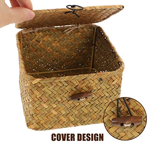 Zerodeko Seagrass Woven Storage Bin with Lid, Wicker Storage Basket Flat Rattan Storage Bin Handwoven Sundries Storage Box Square Lidded Box Closet Wardrobe Organizer