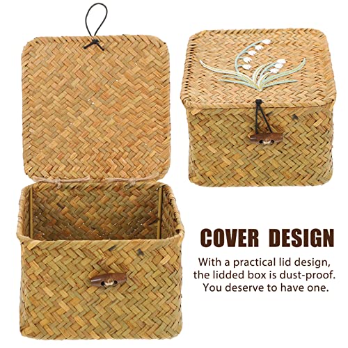 Zerodeko Seagrass Woven Storage Bin with Lid, Wicker Storage Basket Flat Rattan Storage Bin Handwoven Sundries Storage Box Square Lidded Box Closet Wardrobe Organizer