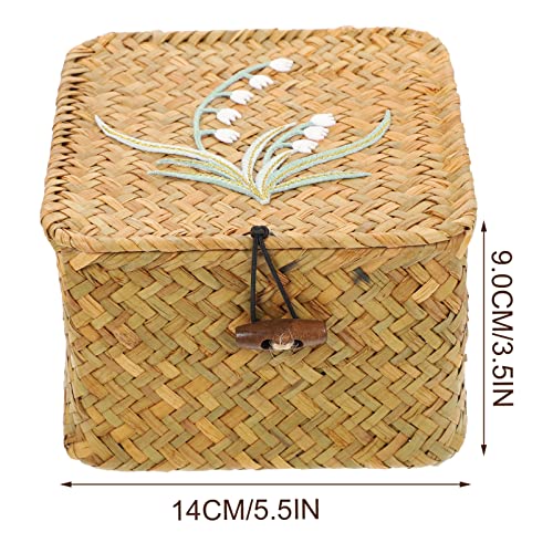 Zerodeko Seagrass Woven Storage Bin with Lid, Wicker Storage Basket Flat Rattan Storage Bin Handwoven Sundries Storage Box Square Lidded Box Closet Wardrobe Organizer