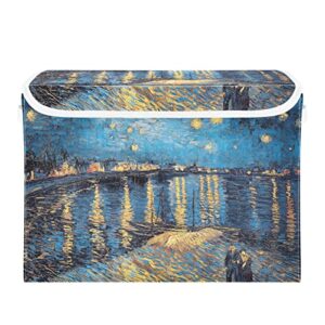 starry night over the rhone storage basket 16.5×12.6×11.8 in collapsible fabric storage cubes organizer large storage bin with lids and handles for shelves bedroom closet office