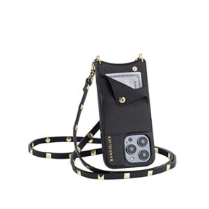bandolier sarah crossbody phone case and wallet – black leather with gold detail – compatible with iphone 14 pro max