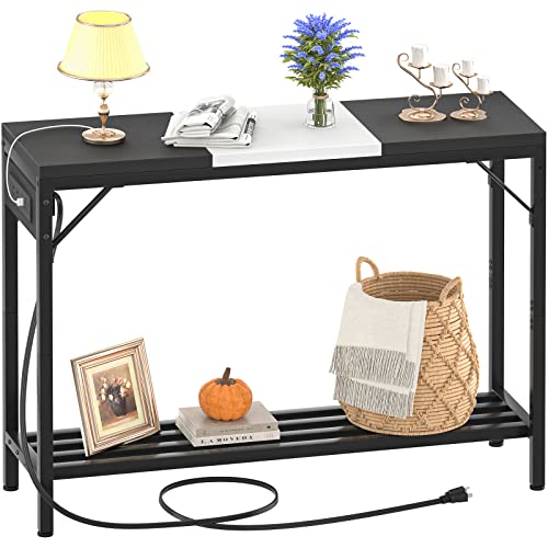 Narrow Console Table with Power Strips, Sofa Table with Storage Shelves for Living Room, 2-Tier Foyer Table for Entryway, Hallway, Behind Couch, Kitchen Counter, 39'', Black & White