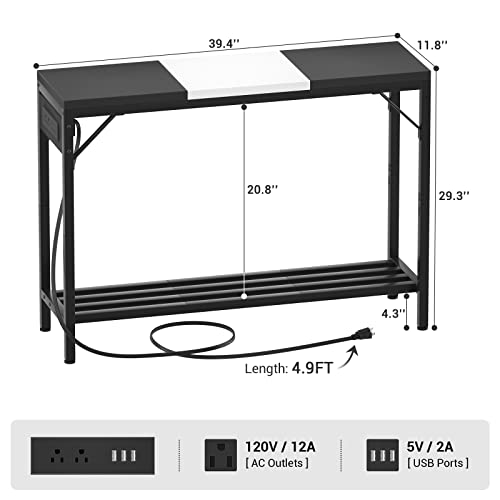 Narrow Console Table with Power Strips, Sofa Table with Storage Shelves for Living Room, 2-Tier Foyer Table for Entryway, Hallway, Behind Couch, Kitchen Counter, 39'', Black & White