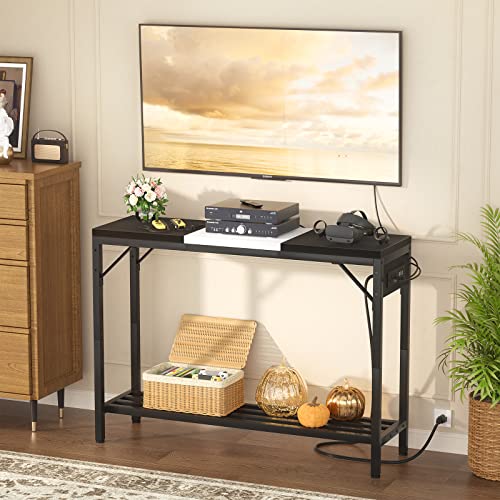 Narrow Console Table with Power Strips, Sofa Table with Storage Shelves for Living Room, 2-Tier Foyer Table for Entryway, Hallway, Behind Couch, Kitchen Counter, 39'', Black & White