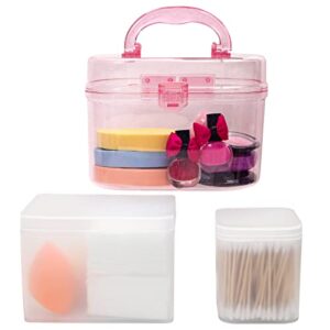 plastic square storage bin-cabinet,gift box portable vanity organizer with secure lid and handle, clear container box for toiletries (1 red box + 1 middle box + 1 small box)