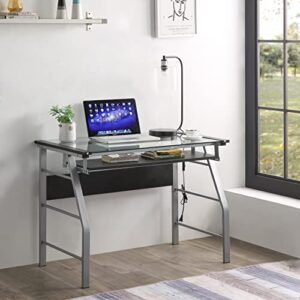 kings brand furniture computer desk with keyboard tray – silver metal & glass top home office desk, gaming desk for laptop & desktop computer for students, remote worker, & gamer