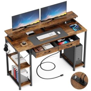 gikpal computer desk with drawers, 47 inch office desk with power outlet and storage shelves, home writing work desks with monitor stand, rustic brown