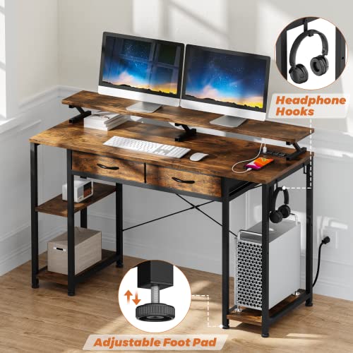 GIKPAL Computer Desk with Drawers, 47 inch Office Desk with Power Outlet and Storage Shelves, Home Writing Work Desks with Monitor Stand, Rustic Brown