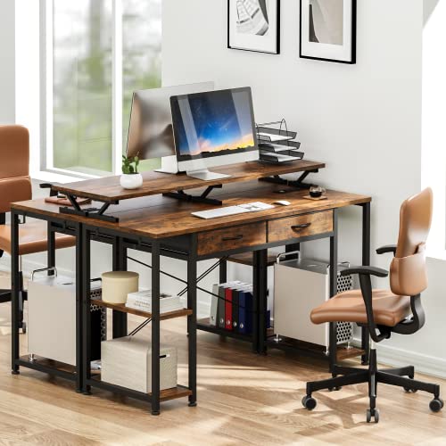 GIKPAL Computer Desk with Drawers, 47 inch Office Desk with Power Outlet and Storage Shelves, Home Writing Work Desks with Monitor Stand, Rustic Brown