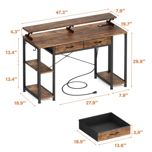 GIKPAL Computer Desk with Drawers, 47 inch Office Desk with Power Outlet and Storage Shelves, Home Writing Work Desks with Monitor Stand, Rustic Brown