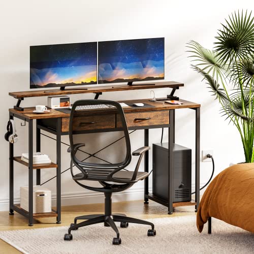 GIKPAL Computer Desk with Drawers, 47 inch Office Desk with Power Outlet and Storage Shelves, Home Writing Work Desks with Monitor Stand, Rustic Brown