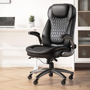 COLAMY Office Chair-Ergonomic High Back Computer Chair with Padded Flip-up Arms, Executive Leather Desk Chair Adjustable Height, Upgraded Casters for Swivel Rolling Home Office Chair-Black, 300lbs