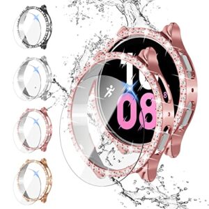 【4+4pack】bling diamond case for galaxy watch 5/galaxy watch 4 screen protector 40mm,anti-fog tempered glass protective film and hard pc cover bumper,samsung watch 5/4 smartwatch accessories for women