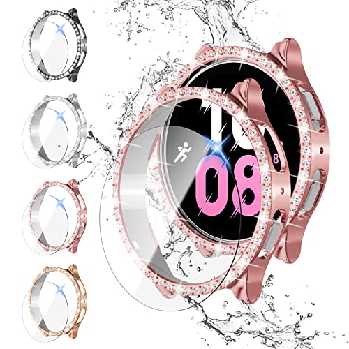 【4+4Pack】Bling Diamond Case for Galaxy Watch 5/Galaxy Watch 4 Screen Protector 40mm,Anti-Fog Tempered Glass Protective Film and Hard PC Cover Bumper,Samsung Watch 5/4 Smartwatch Accessories for Women