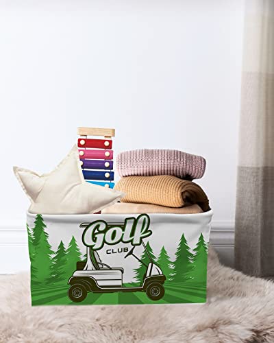 Golf Cart Storage Baskets for Organizing, Golf Club Green Field Pine Tree Balls Sports Theme Fabric Storage Bins for Shelf, Collapsible Cube Bin with Handles for Closet（15''x11''x9.5''）