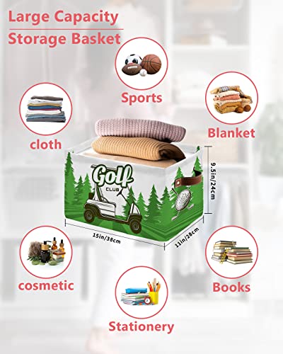 Golf Cart Storage Baskets for Organizing, Golf Club Green Field Pine Tree Balls Sports Theme Fabric Storage Bins for Shelf, Collapsible Cube Bin with Handles for Closet（15''x11''x9.5''）