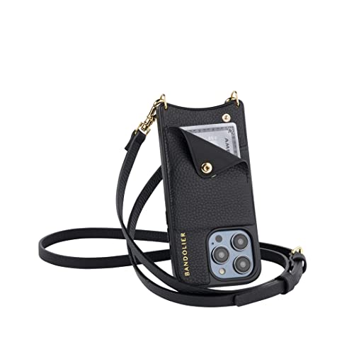 Bandolier Emma Crossbody Phone Case and Wallet - Black Leather with Gold Detail - Compatible with iPhone 14 Pro