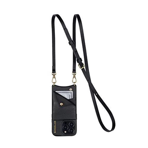 Bandolier Emma Crossbody Phone Case and Wallet - Black Leather with Gold Detail - Compatible with iPhone 14 Pro