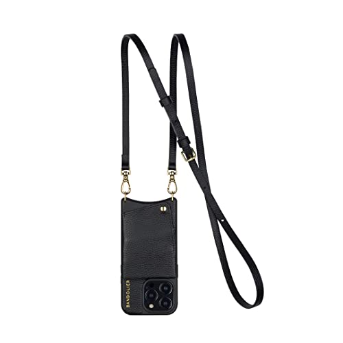 Bandolier Emma Crossbody Phone Case and Wallet - Black Leather with Gold Detail - Compatible with iPhone 14 Pro