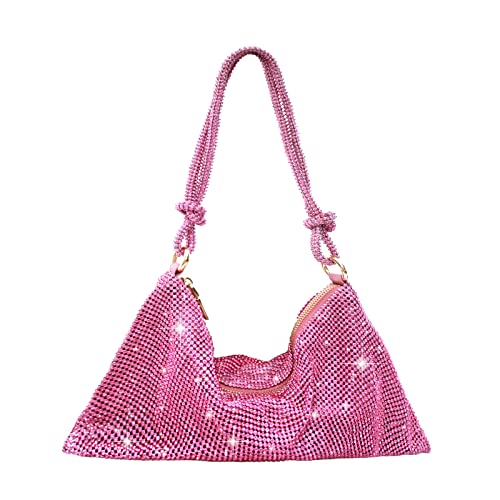 Rhinestone Purse Silver Hobo Purse Sparkly Black Evening Bag for Women Prom Party Wedding-Pink
