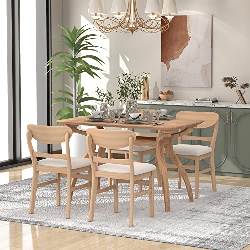 Melpomene 5 Piece Dining Table Set, Mid Century Solid Wood Kitchen Table with 4 Chairs and Special-Shape Legs(Natural Wood Wash)