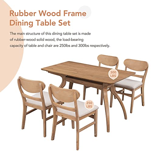 Melpomene 5 Piece Dining Table Set, Mid Century Solid Wood Kitchen Table with 4 Chairs and Special-Shape Legs(Natural Wood Wash)
