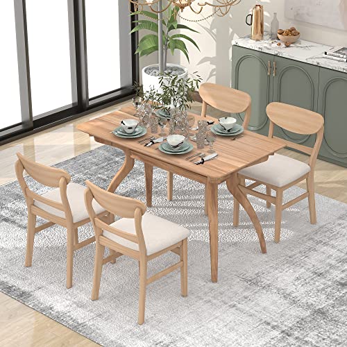 Melpomene 5 Piece Dining Table Set, Mid Century Solid Wood Kitchen Table with 4 Chairs and Special-Shape Legs(Natural Wood Wash)